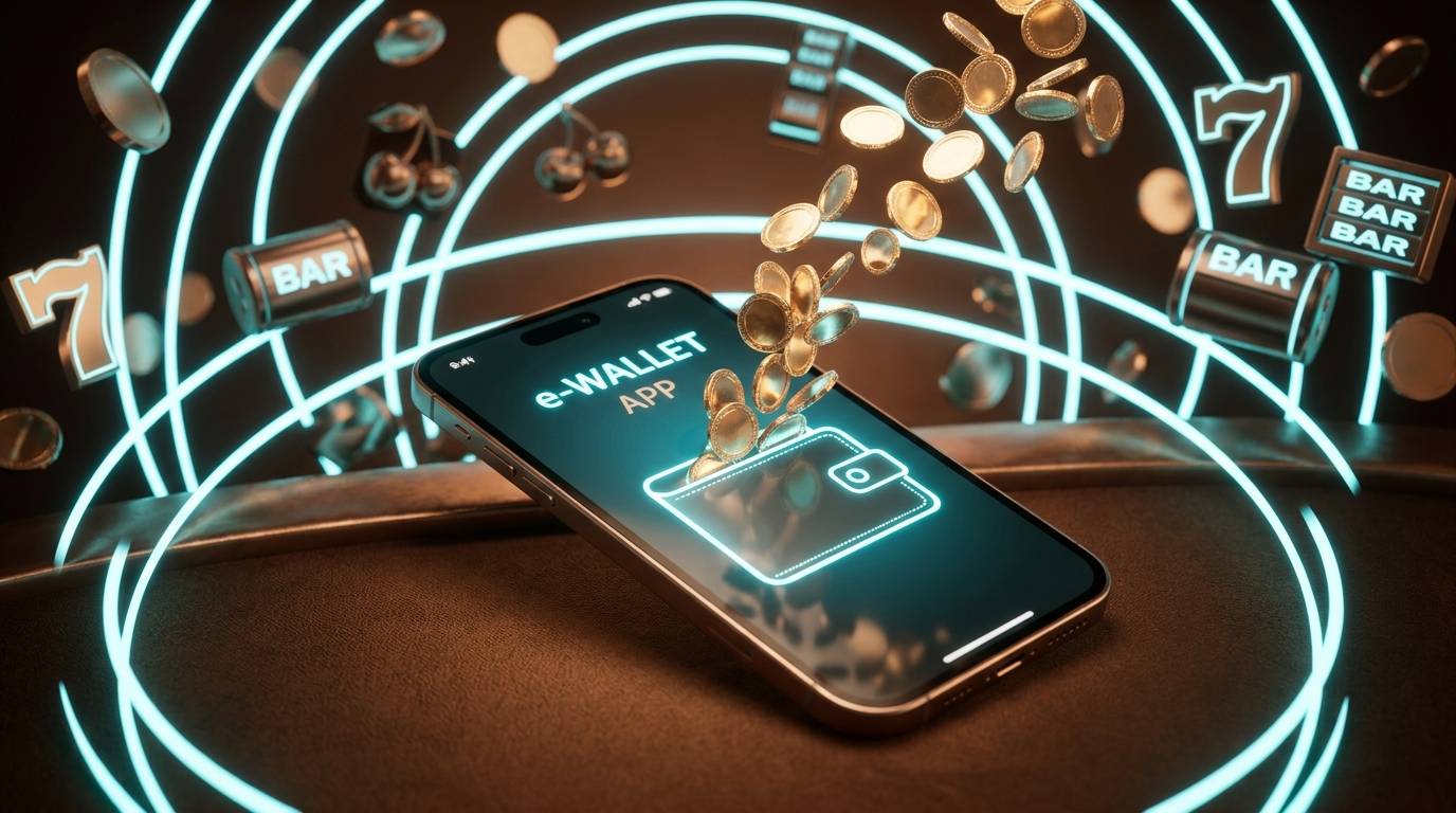 Ponsel pintar memindai barcode QRIS holografik bercahaya di atas brankas kasino modern