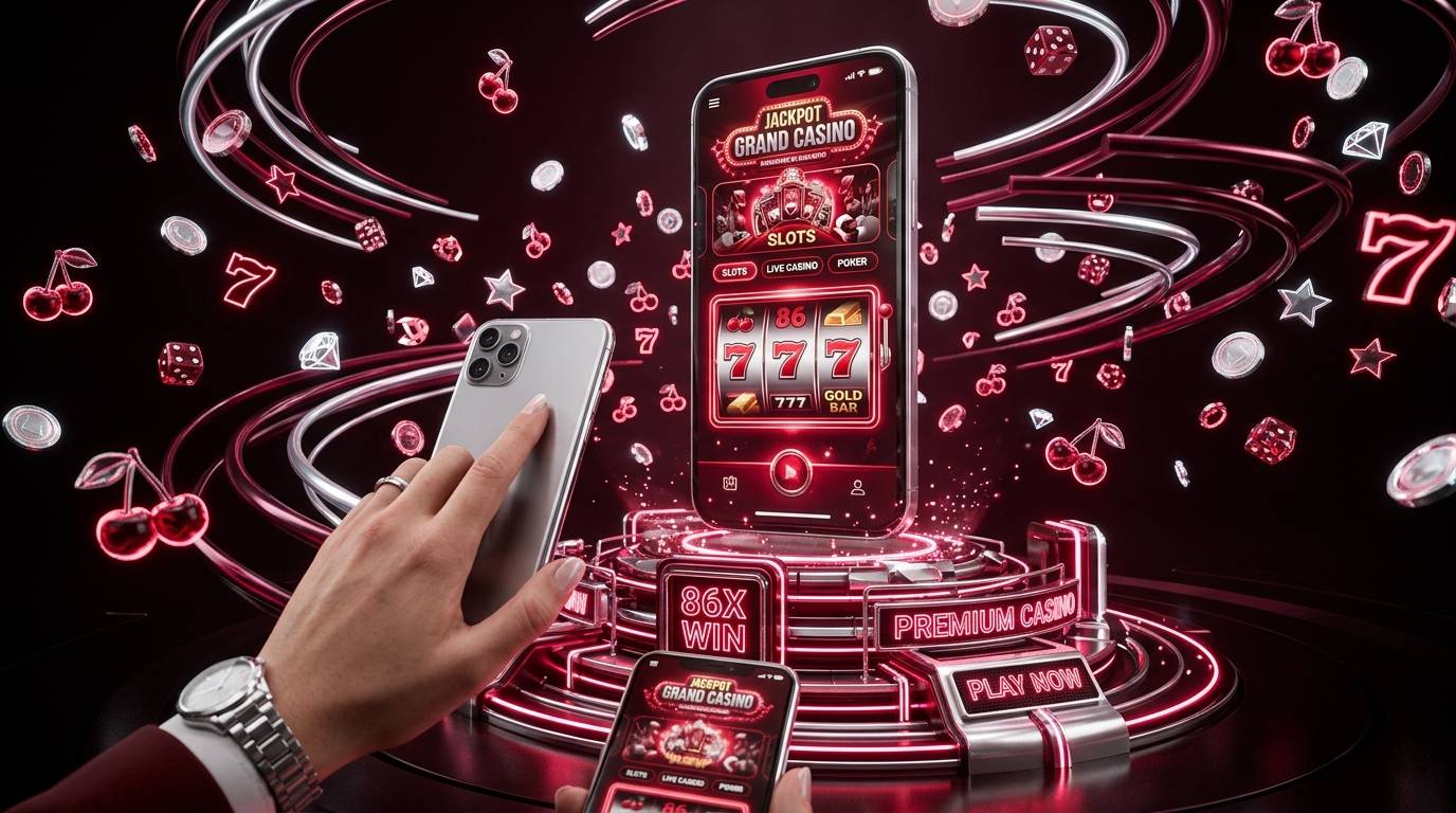 Pemain memegang dua kartu holografik bercahaya di atas meja poker kasino digital
